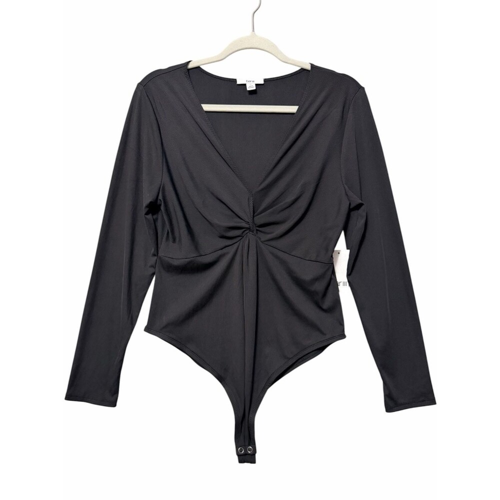 Bar III Black Ribbed Thong Bodysuit NWT Size XL V-Neck Long Sleeve Twist Front